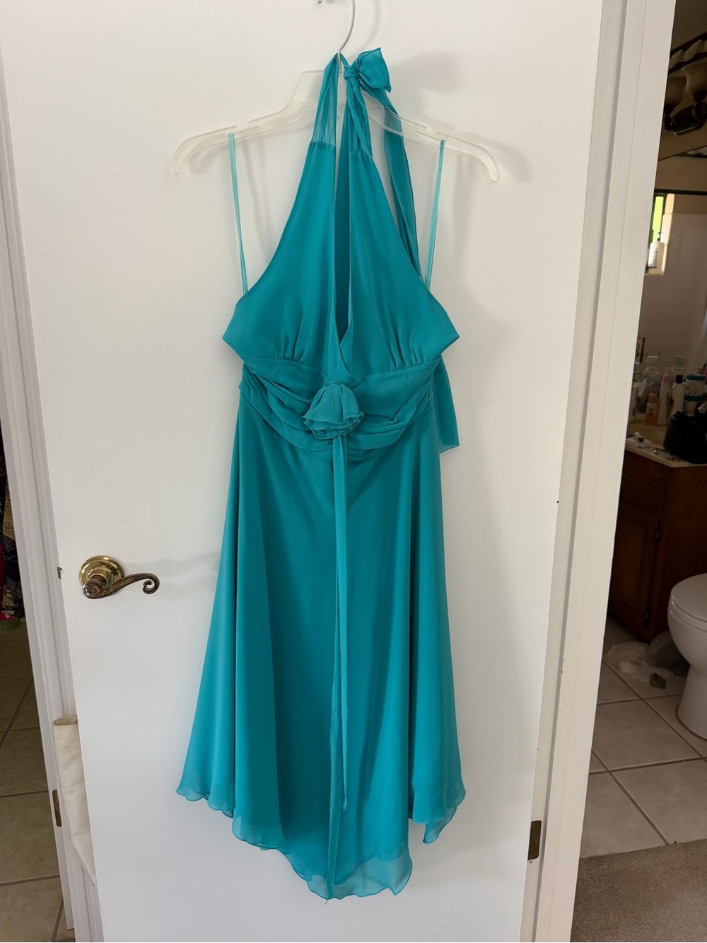 Max & Cleo Teal Halter Midi Dress with Rosette Waist
